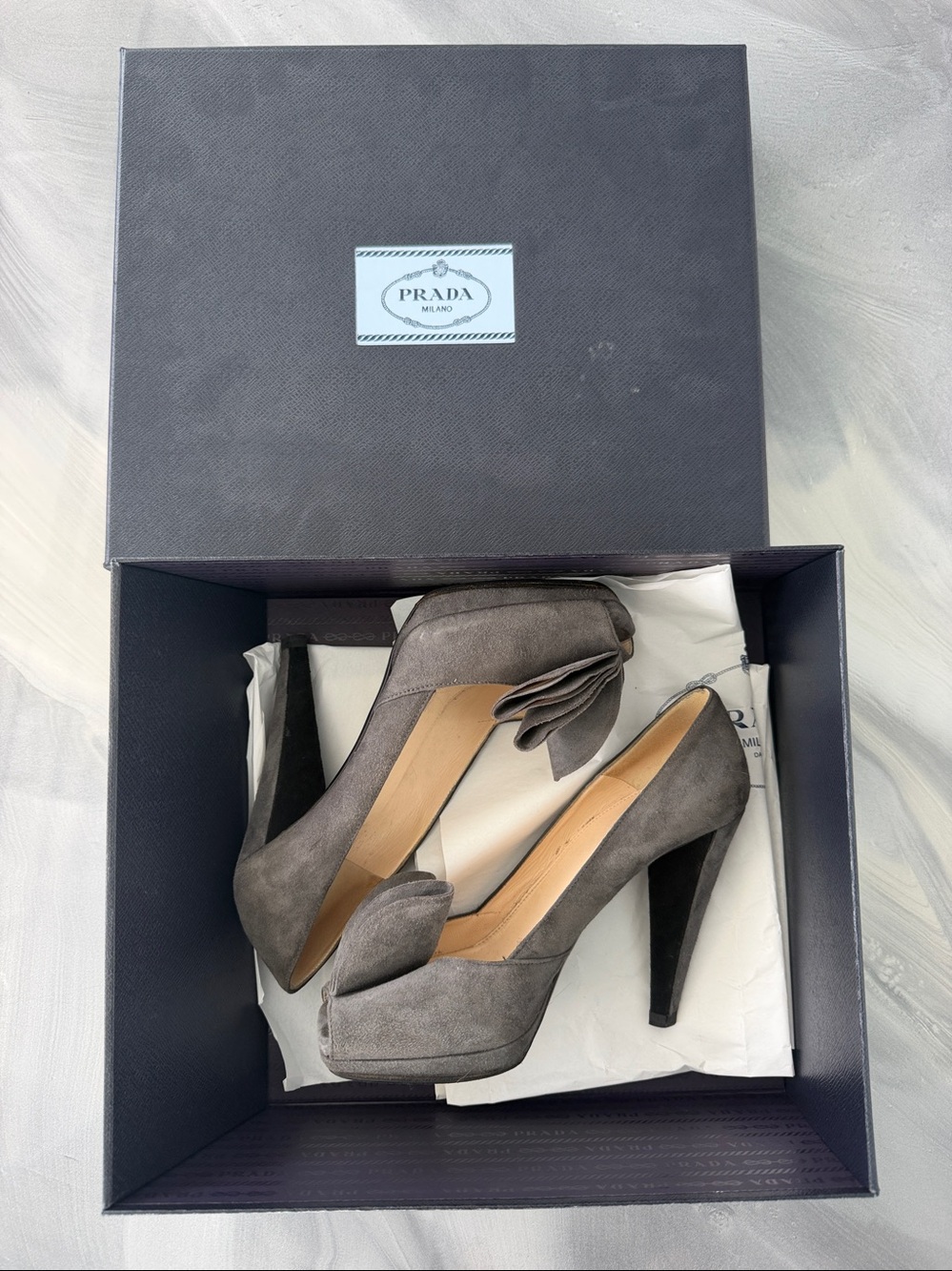 Prada Gray Suede Peep-Toe Heels with Sculpted Bow